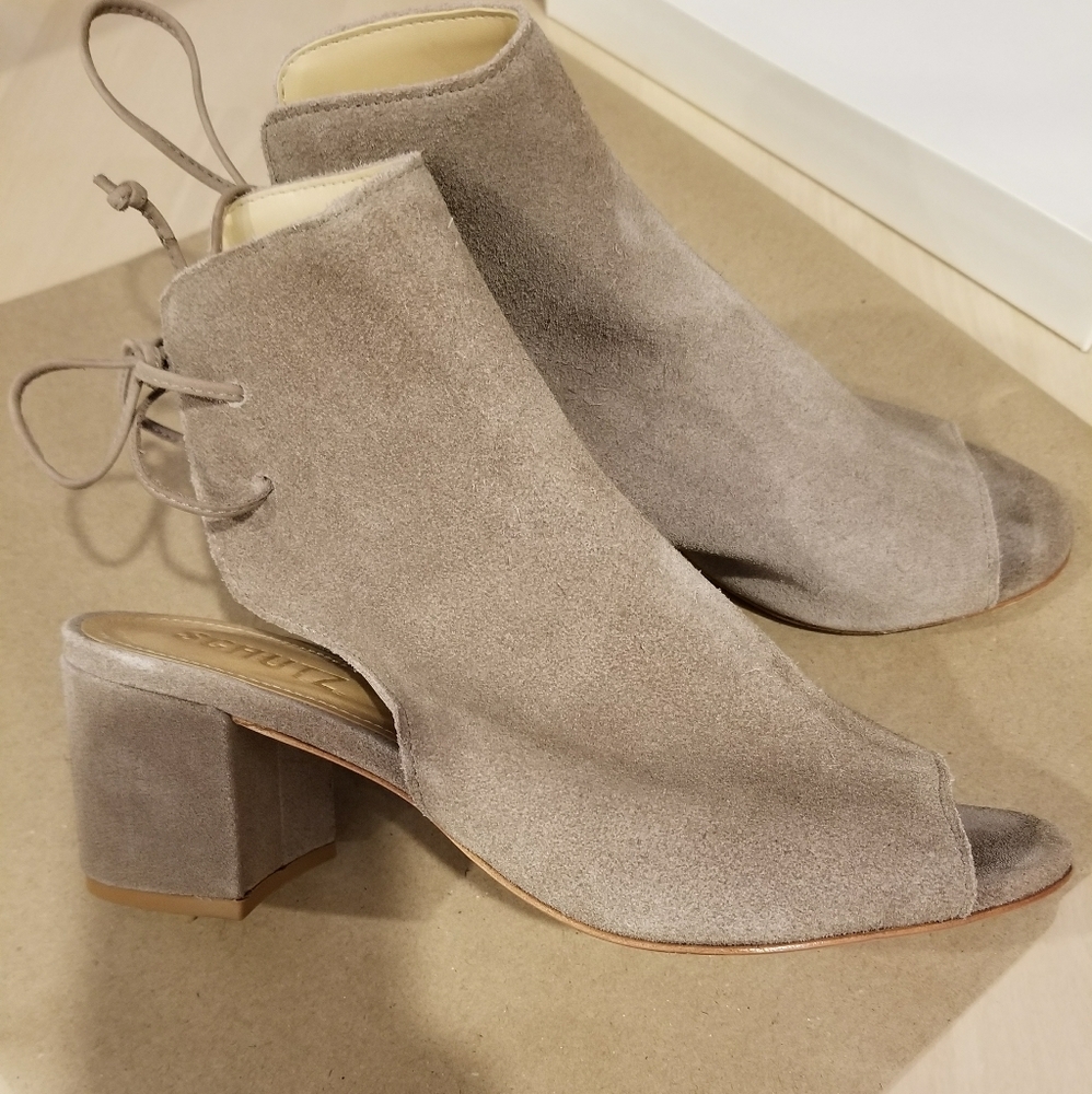 Suede heeled open toe and open back sandals